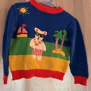 Vintage Kids Blue Sweater with Bear and Beach Design